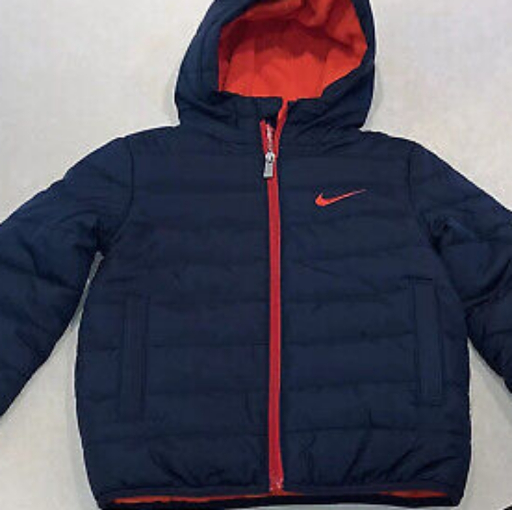 NIKE Hooded Jacket “JUST DO IT" Boys Size 2T Navy Red Full Zip Pockets Puffer